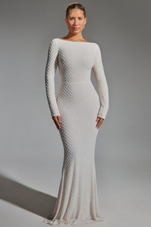 Embellished Open-Back Gown in White - Image 2