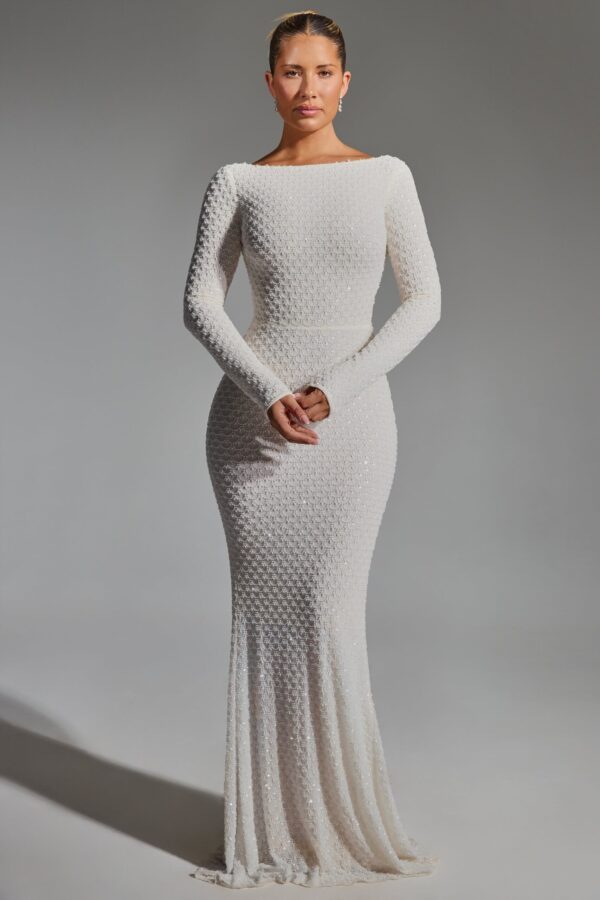 Embellished Open-Back Gown in White - Image 5