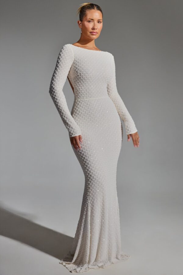 Embellished Open-Back Gown in White - Image 6
