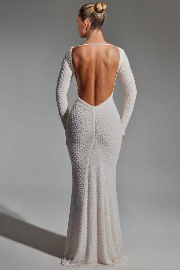Embellished Open-Back Gown in White - Image 7