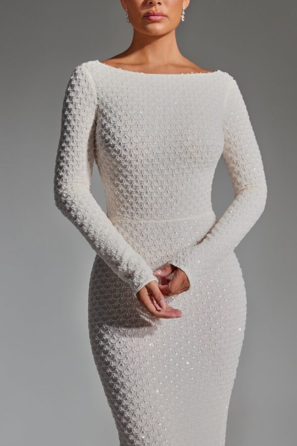 Embellished Open-Back Gown in White - Image 4