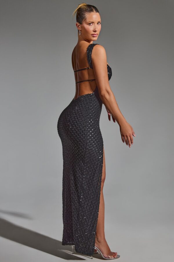 Embellished Open-Back Maxi Dress in Black - Image 3