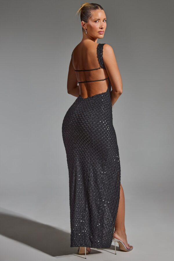 Embellished Open-Back Maxi Dress in Black - Image 5