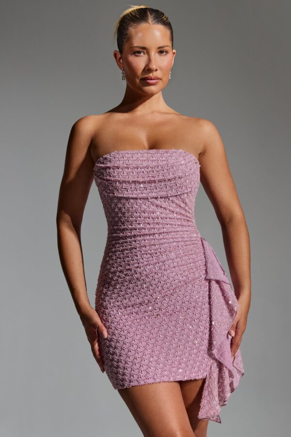 Embellished Ruffled Cowl-Neck Bandeau Mini Dress in Mauve - Image 5