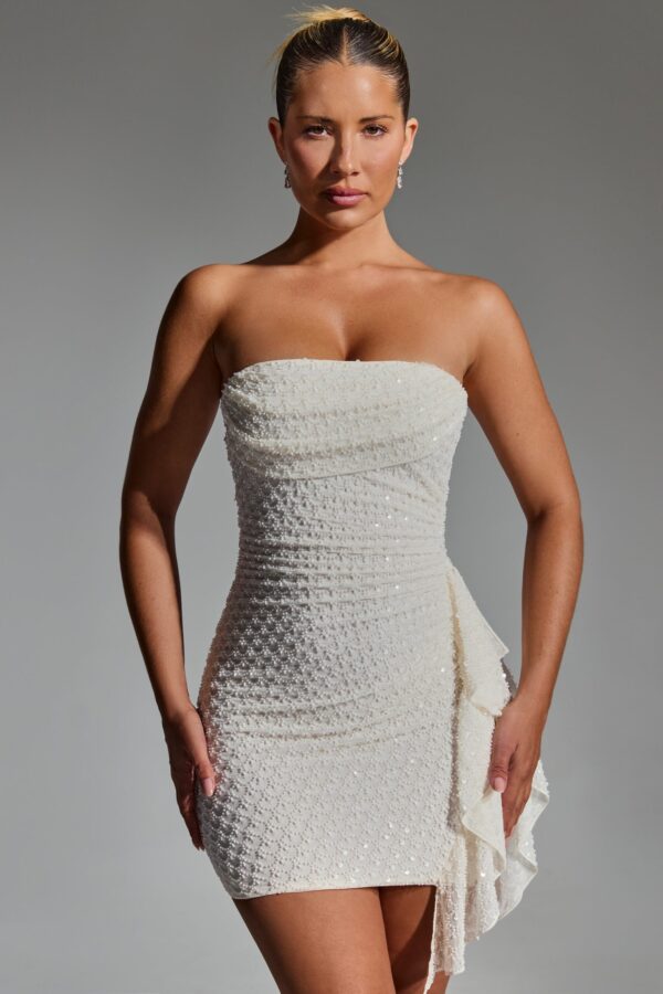 Embellished Ruffled Cowl-Neck Bandeau Mini Dress in White - Image 5