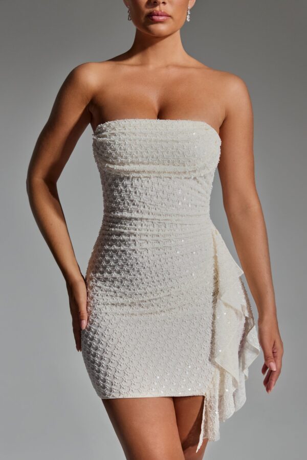 Embellished Ruffled Cowl-Neck Bandeau Mini Dress in White - Image 6