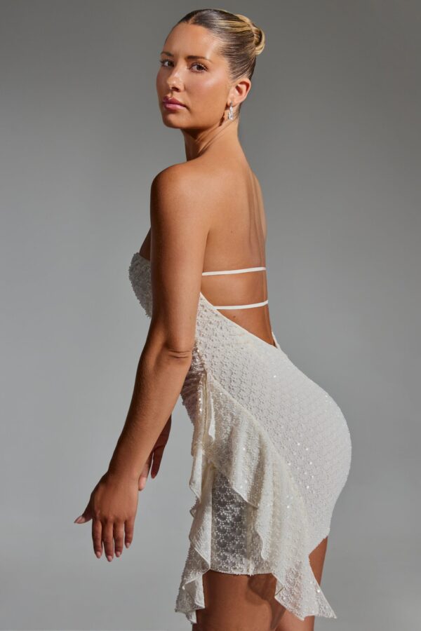 Embellished Ruffled Cowl-Neck Bandeau Mini Dress in White - Image 3