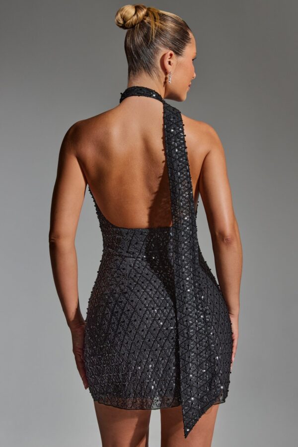 Embellished Scarf-Detail Halterneck Mini Dress in Black - Image 2