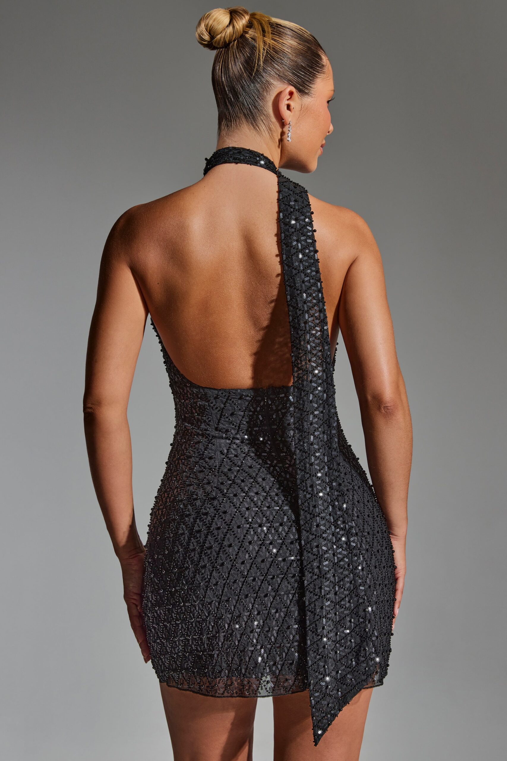 Embellished Scarf-Detail Halterneck Mini Dress in Black - Image 2