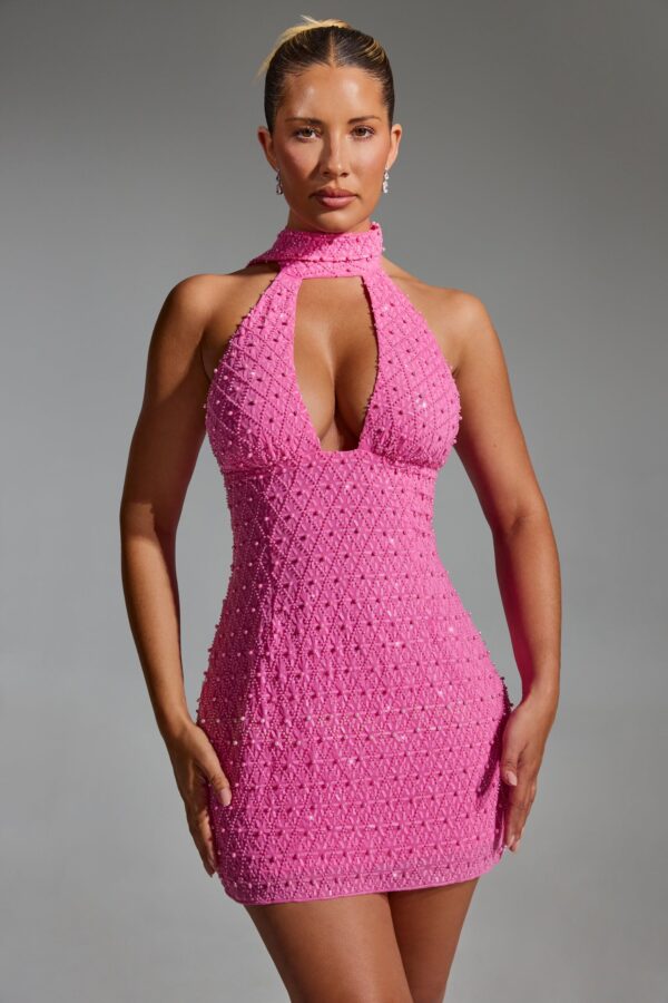 Embellished Scarf-Detail Halterneck Mini Dress in Hot Pink - Image 5