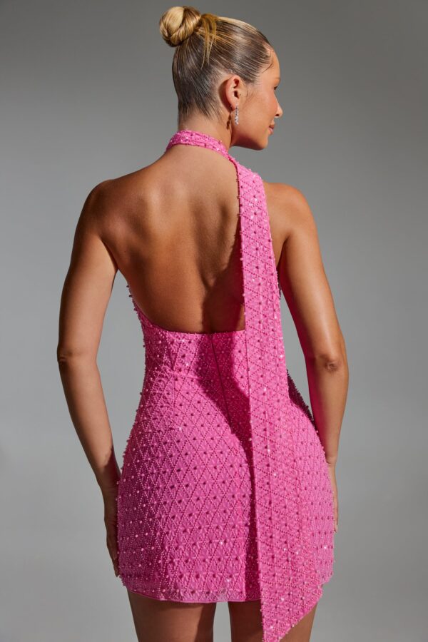 Embellished Scarf-Detail Halterneck Mini Dress in Hot Pink - Image 2