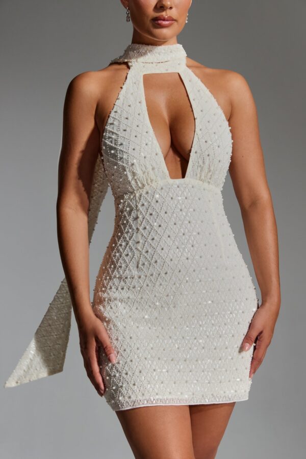 Embellished Scarf-Detail Halterneck Mini Dress in White - Image 4