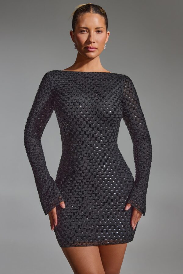 Embellished Open-Back A-Line Mini Dress in Black - Image 5