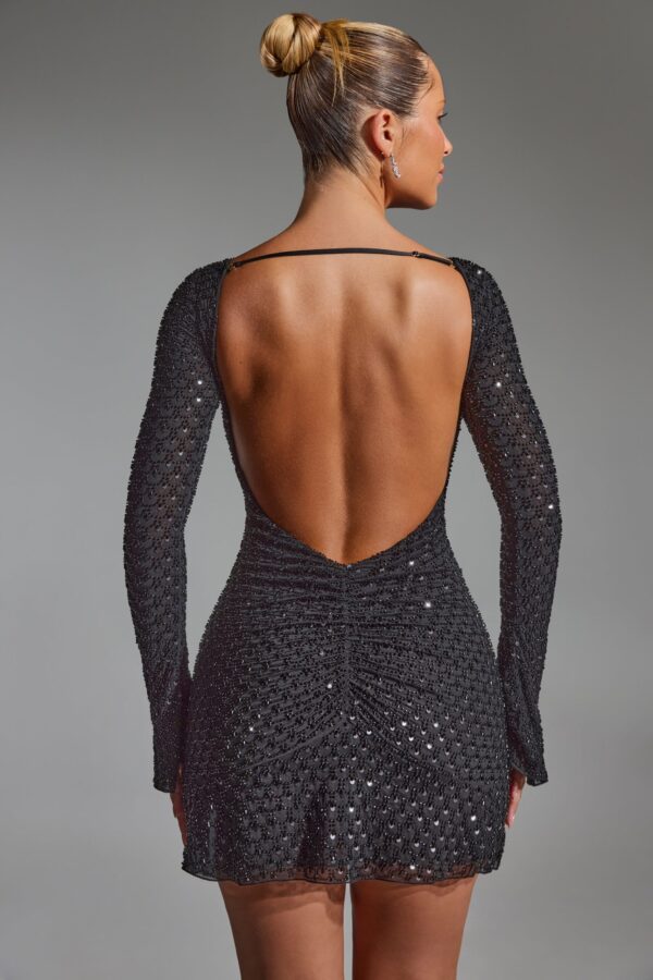 Embellished Open-Back A-Line Mini Dress in Black - Image 2
