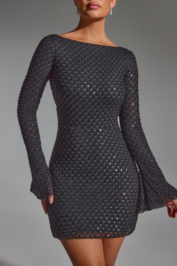Embellished Open-Back A-Line Mini Dress in Black - Image 4