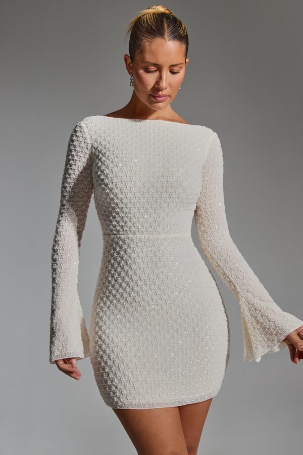 Embellished Open-Back A-Line Mini Dress in White - Image 4