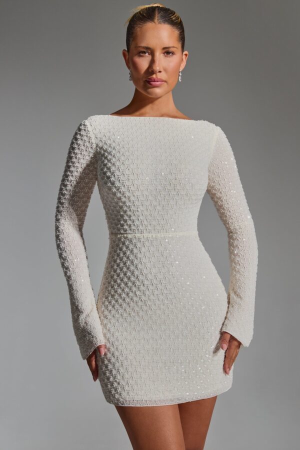 Embellished Open-Back A-Line Mini Dress in White - Image 5