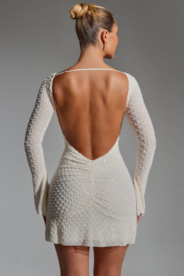 Embellished Open-Back A-Line Mini Dress in White - Image 2