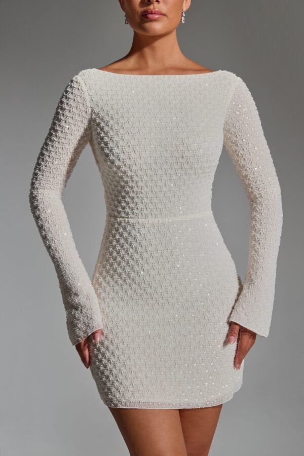 Embellished Open-Back A-Line Mini Dress in White - Image 7
