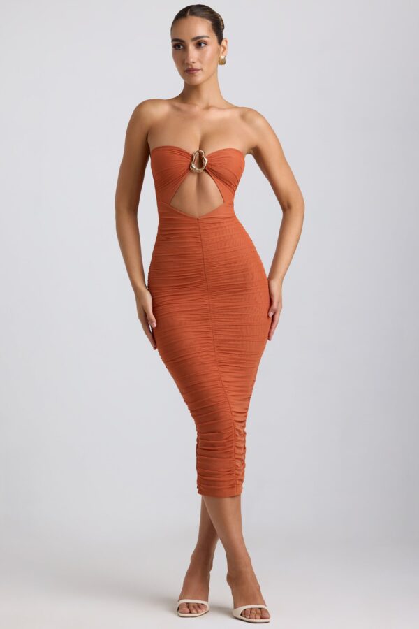 Ruched Hardware Detail Strapless Midaxi Dress in Burnt Orange - Image 7