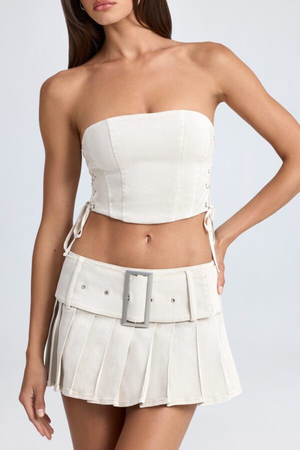 Belted Pleated Low-Rise Micro Mini Skirt in Ecru - Image 5