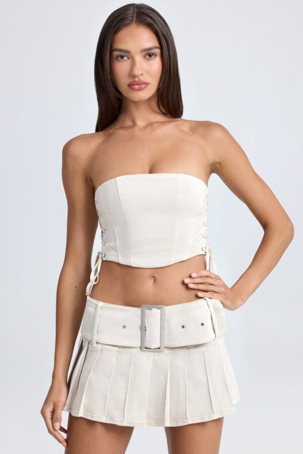 Belted Pleated Low-Rise Micro Mini Skirt in Ecru - Image 4