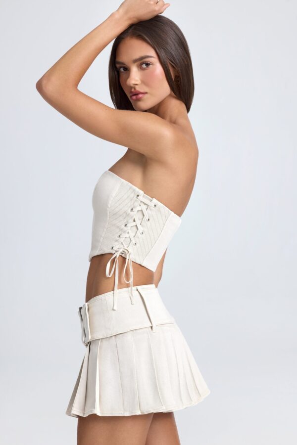 Belted Pleated Low-Rise Micro Mini Skirt in Ecru - Image 3