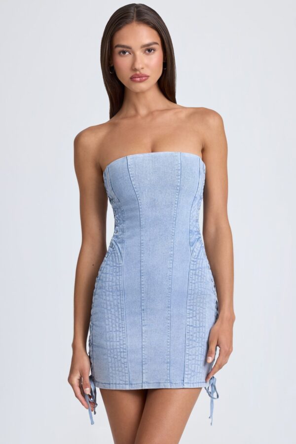 Bandeau Lace-Up Mini Dress in Light Blue Stonewash - Image 6