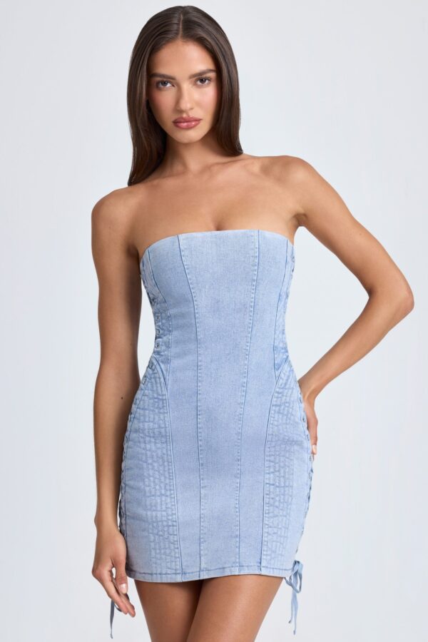Bandeau Lace-Up Mini Dress in Light Blue Stonewash - Image 5