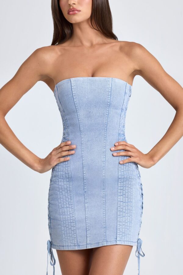 Bandeau Lace-Up Mini Dress in Light Blue Stonewash - Image 4