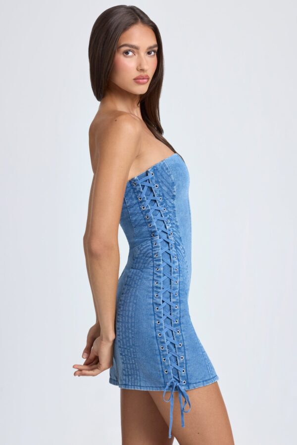 Bandeau Lace-Up Mini Dress in Mid Blue Stonewash - Image 3