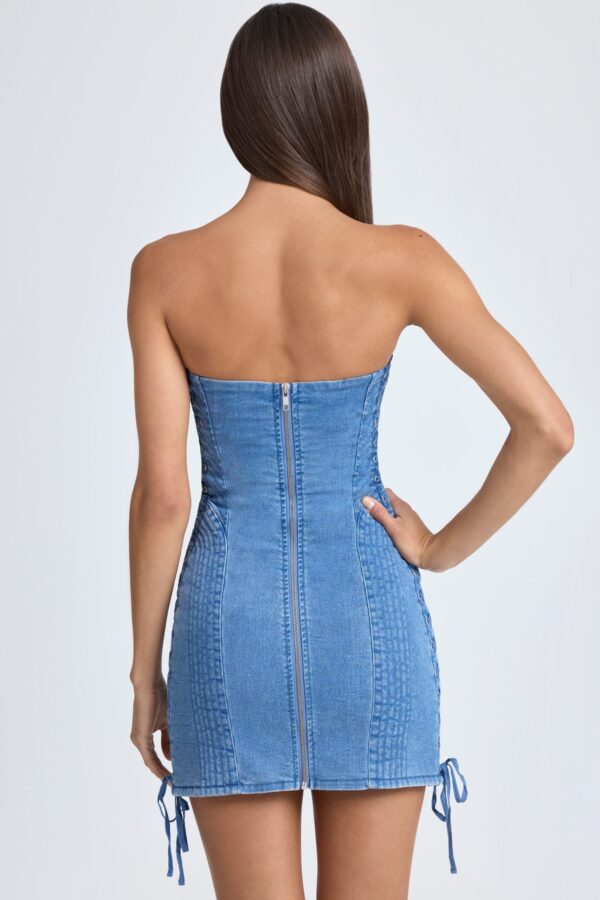 Bandeau Lace-Up Mini Dress in Mid Blue Stonewash - Image 2