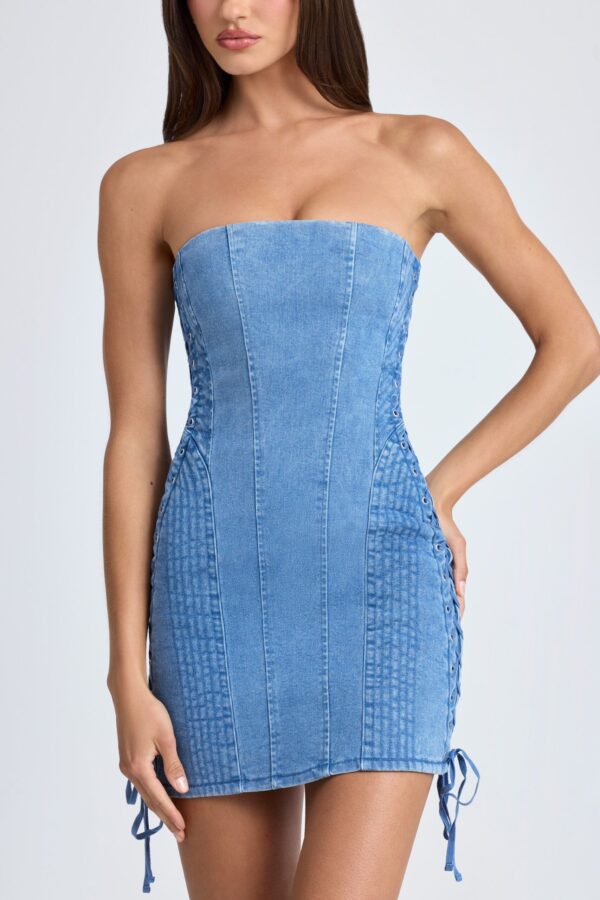 Bandeau Lace-Up Mini Dress in Mid Blue Stonewash - Image 4