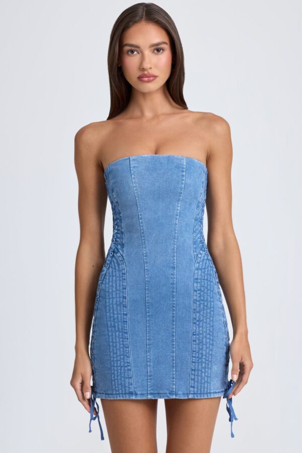 Bandeau Lace-Up Mini Dress in Mid Blue Stonewash - Image 7