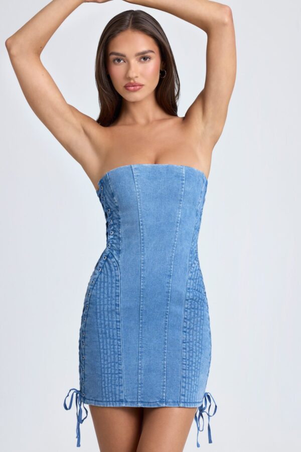 Bandeau Lace-Up Mini Dress in Mid Blue Stonewash - Image 6