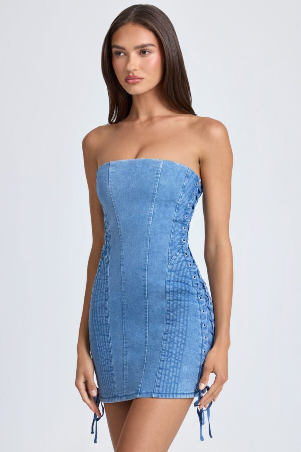 Bandeau Lace-Up Mini Dress in Mid Blue Stonewash - Image 5