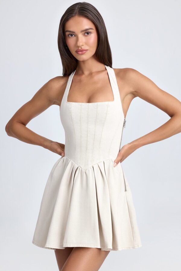 Halterneck Corset Micro Mini Dress in Ecru - Image 6