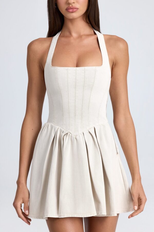 Halterneck Corset Micro Mini Dress in Ecru - Image 4