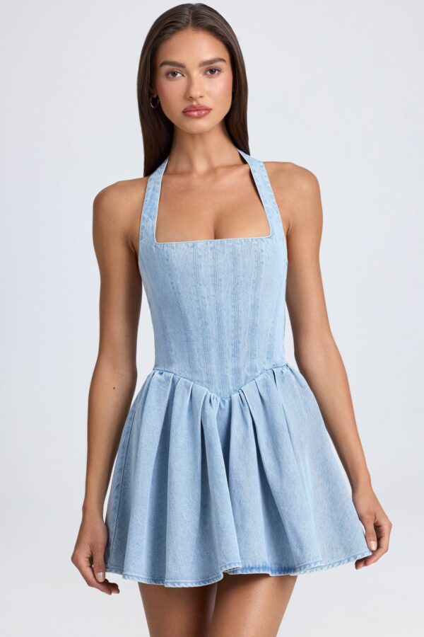 Halterneck Corset Micro Mini Dress in Light Blue Stonewash - Image 5