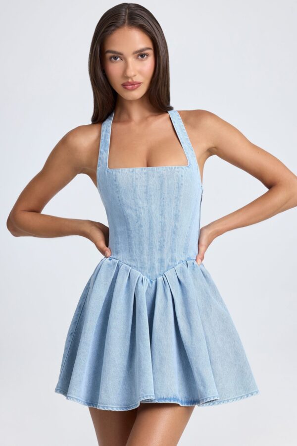 Halterneck Corset Micro Mini Dress in Light Blue Stonewash - Image 6