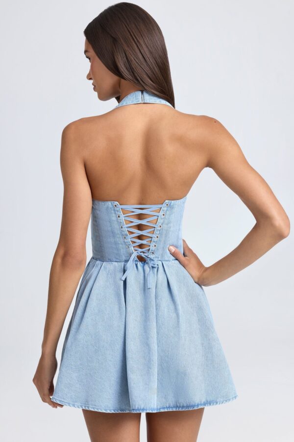Halterneck Corset Micro Mini Dress in Light Blue Stonewash - Image 2