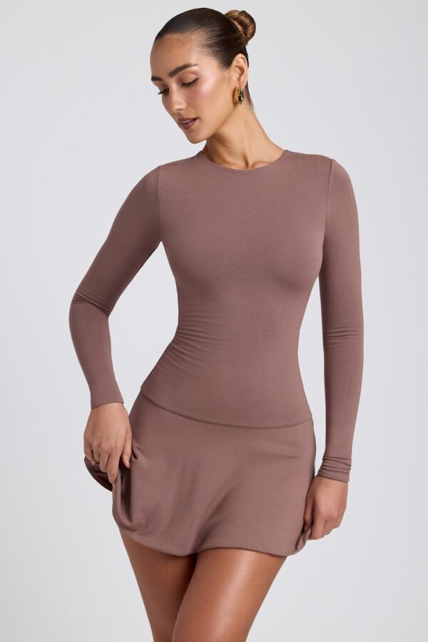 Modal Ruched Crew-Neck Mini Dress in Taupe - Image 5