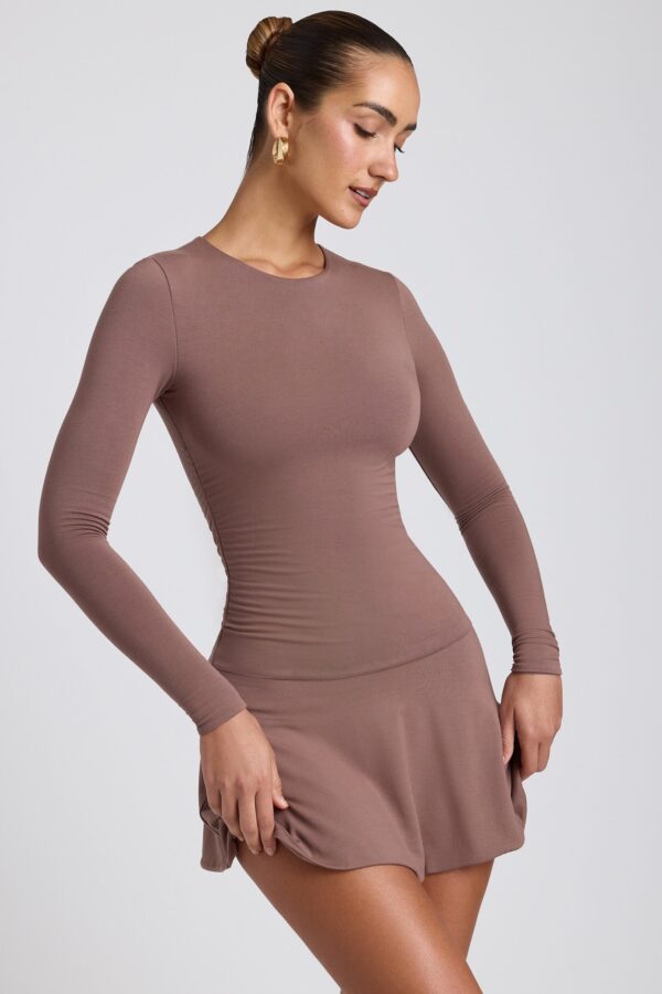Modal Ruched Crew-Neck Mini Dress in Taupe - Image 6