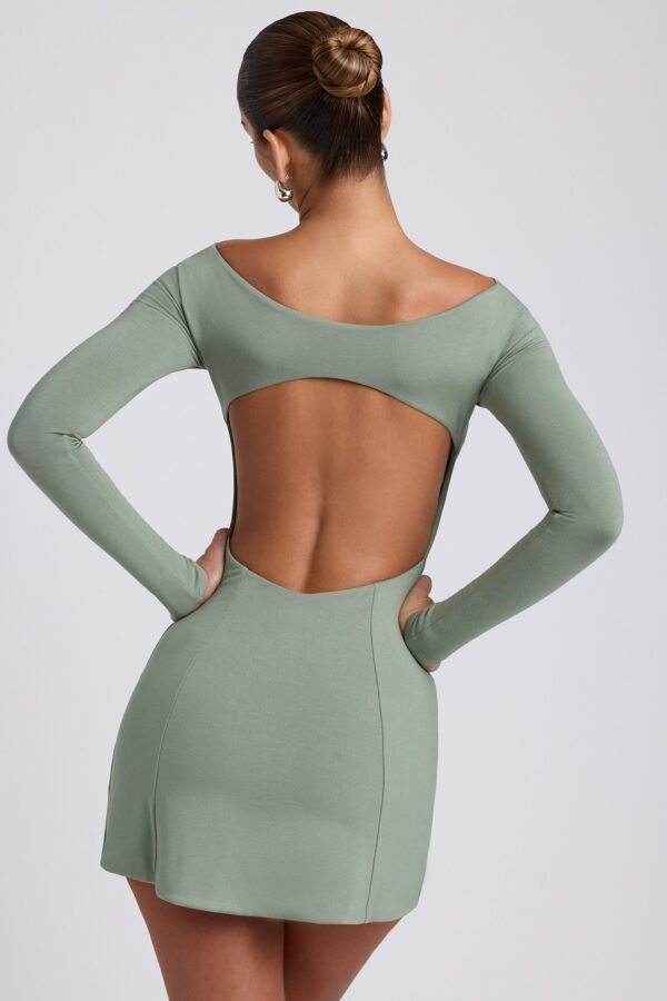 Modal Twist-Front Long-Sleeve Mini Dress in Sage Green - Image 2