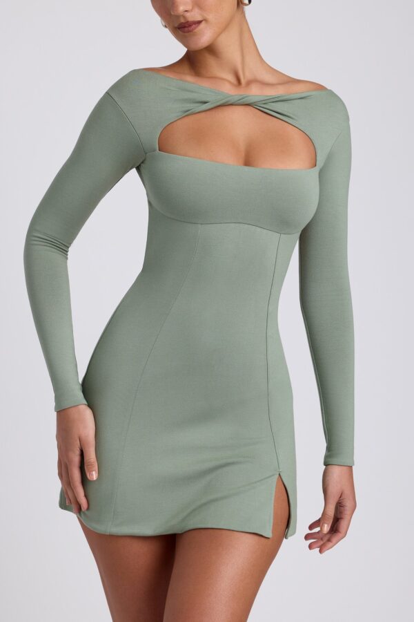 Modal Twist-Front Long-Sleeve Mini Dress in Sage Green - Image 4