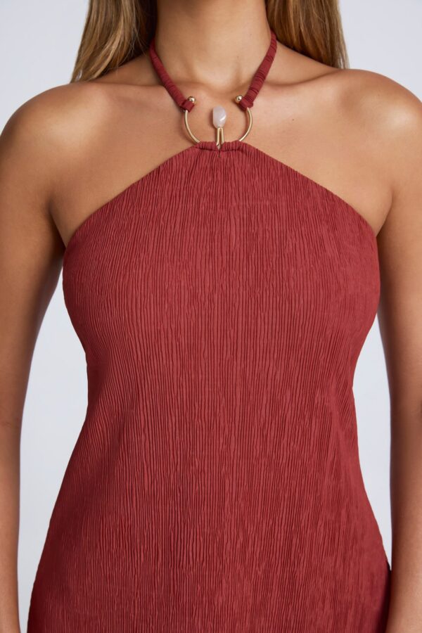 Hardware Detail Open-Back Halterneck Micro Mini Dress in Auburn Brown - Image 4
