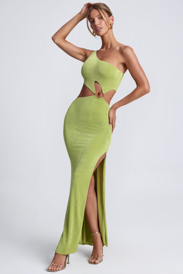 Hardware Detail One-Shoulder Maxi Dress in Olive Green - Image 7