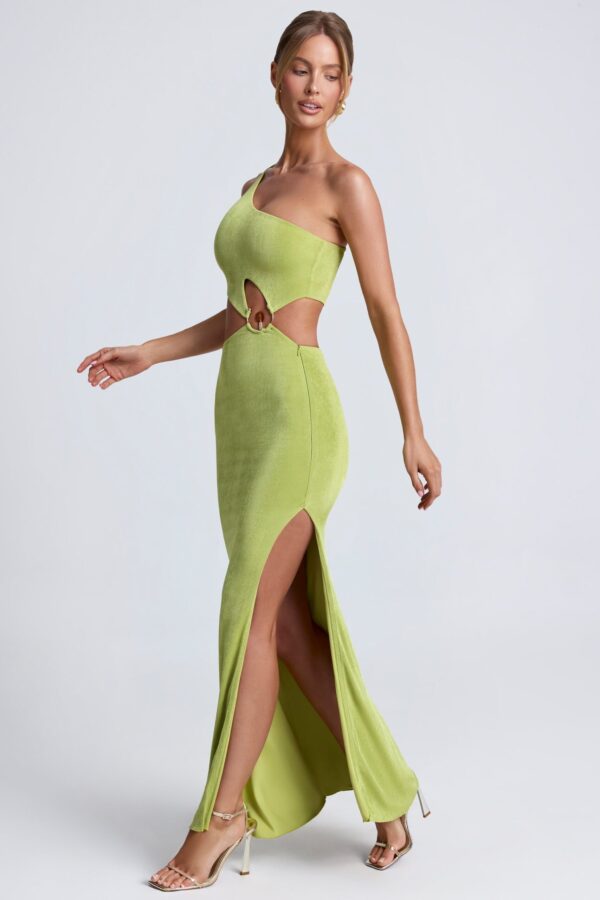 Hardware Detail One-Shoulder Maxi Dress in Olive Green - Image 3