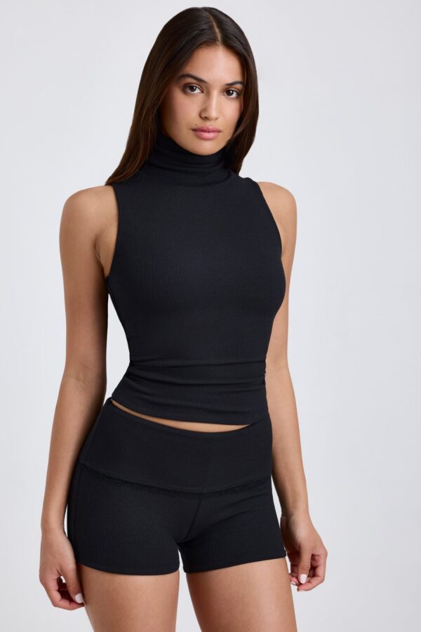 Ribbed Modal Mid-Rise Foldover Shorts in Black - Image 6