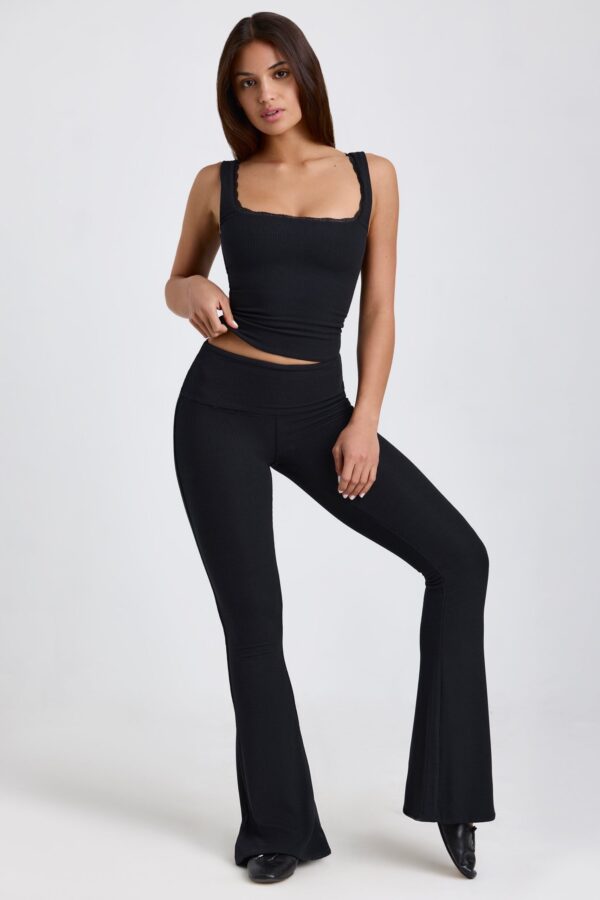 Ribbed Modal Mid-Rise Foldover Flared Trousers in Black - Image 4